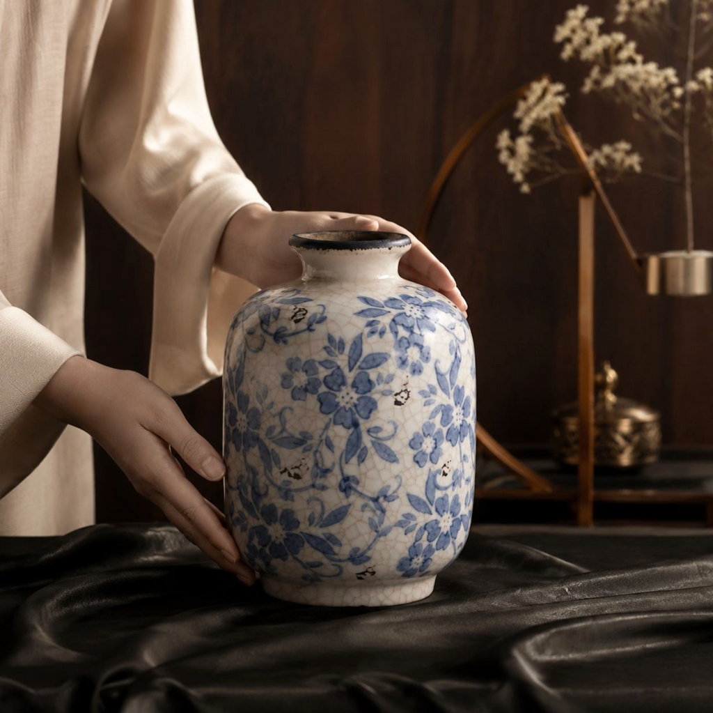 Rustic Blue & White Ceramic Vase