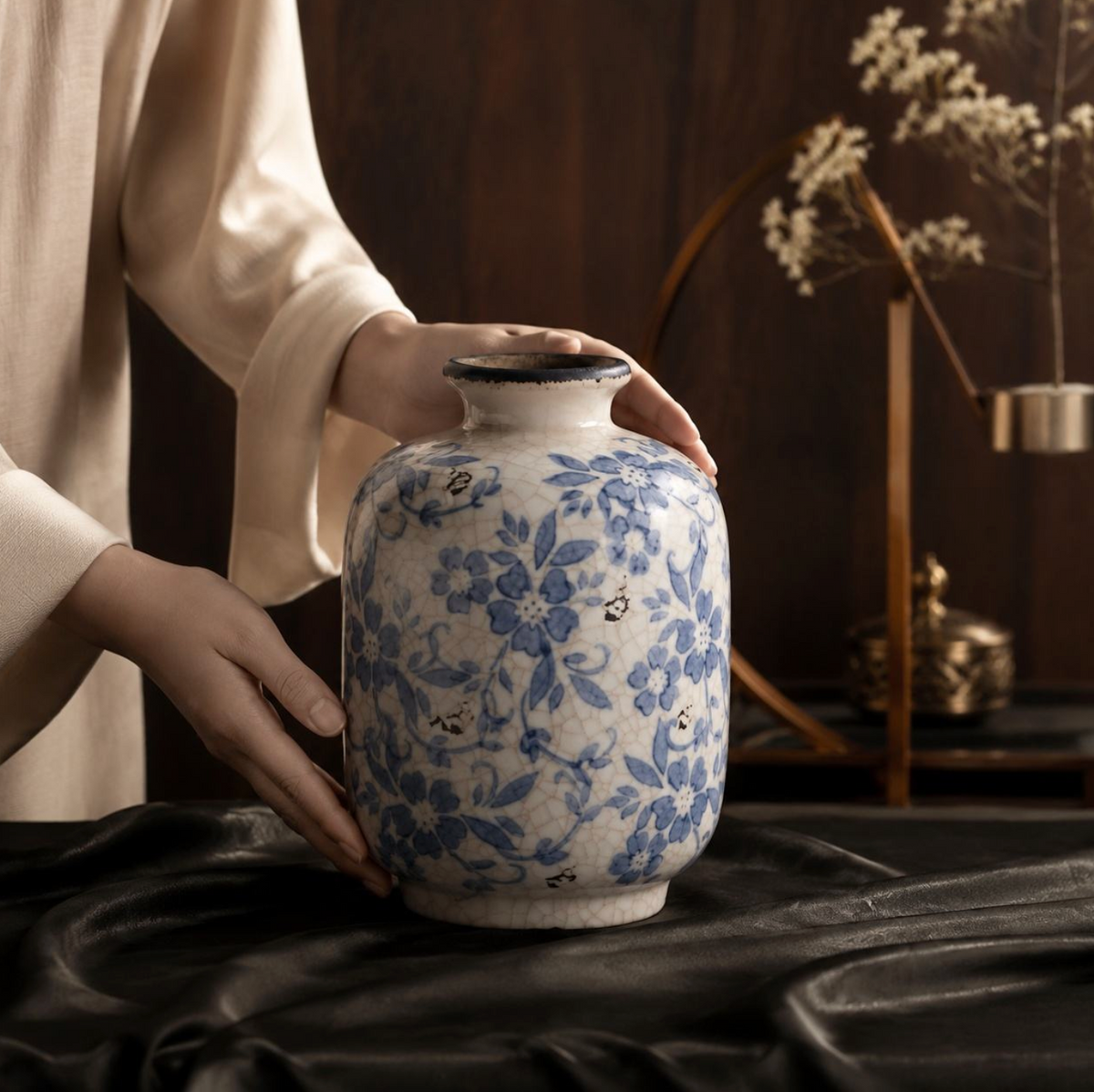 Rustic Blue & White Ceramic Vase