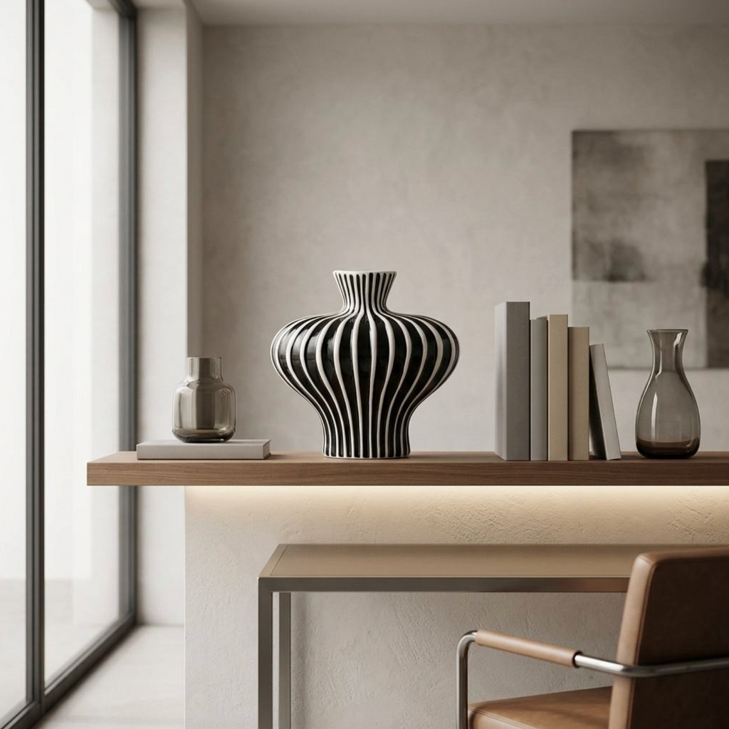Black & White Striped Ceramic Vase