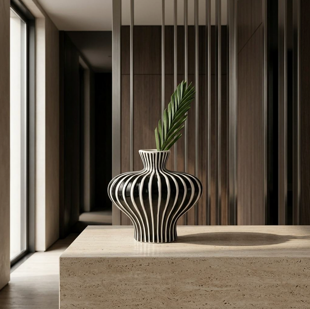 Black & White Striped Ceramic Vase