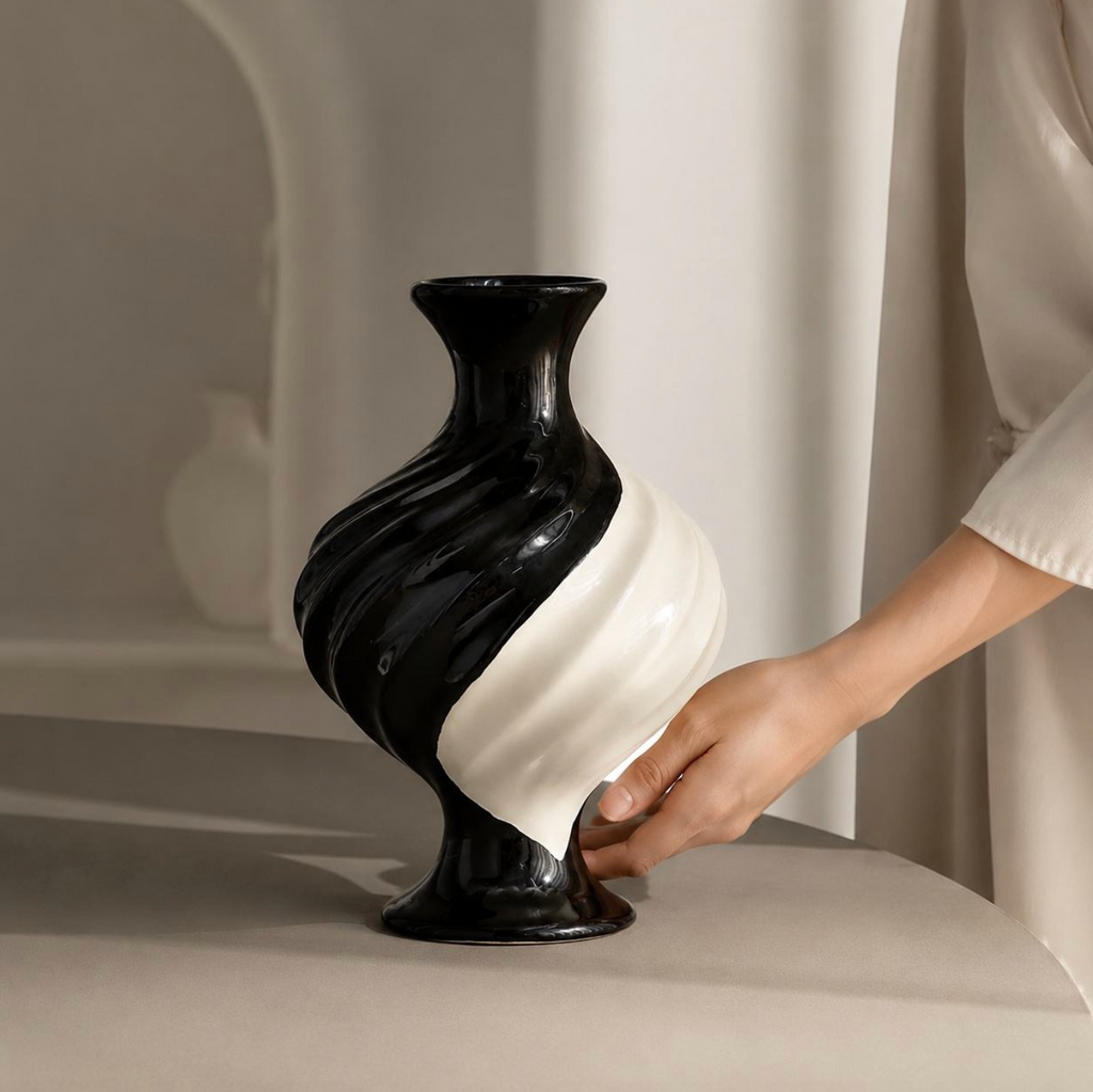Modern Black & White Spiral Ceramic Vase