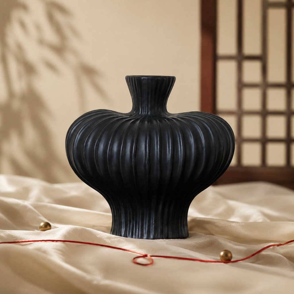 Matte Black Ribbed Ceramic Vase