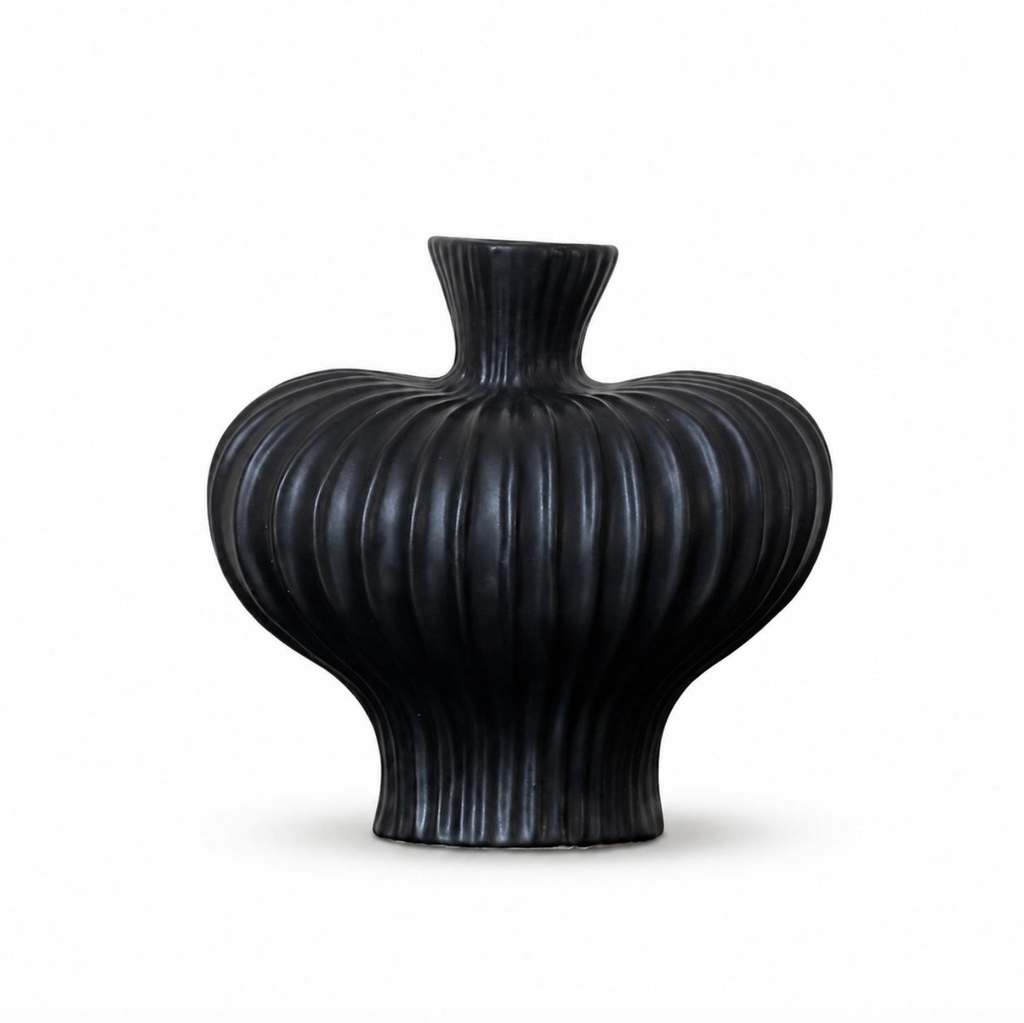 Matte Black Ribbed Ceramic Vase
