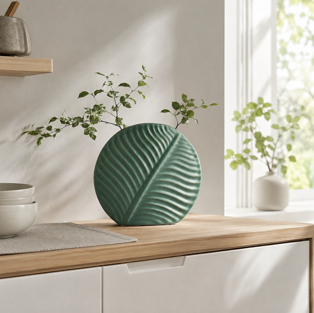 Modern Dark Green Ceramic Leaf Vase